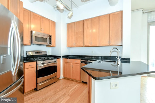 4490 Market Commons Dr Unit 302, Fairfax, VA 22033 - kitchen featuring stainless steel appliances, a sink, light wood-type flooring, and a peninsula