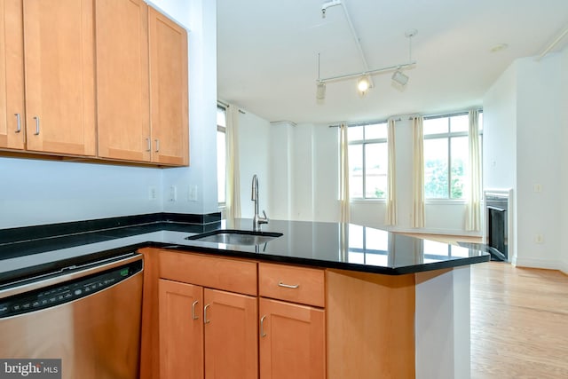 4490 Market Commons Dr Unit 302, Fairfax, VA 22033 - kitchen with stainless steel dishwasher, a sink, a peninsula, light wood finished floors, and track lighting