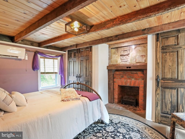 120 S Water St, Charles Town, WV 25414 - bedroom with wood ceiling with exposed beams, a wall mounted air conditioner, and a brick fireplace