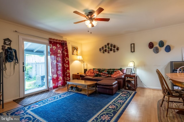 419 S Wyomissing Ave, Reading, PA 19607 - living area featuring ceiling fan, wood finished floors, ornamental molding, and baseboards