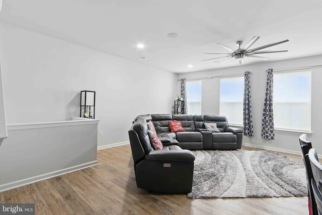 13136 Dowdens Station Way, Clarksburg, MD 20871 - living area featuring a ceiling fan, wood finished floors, baseboards, and recessed lighting