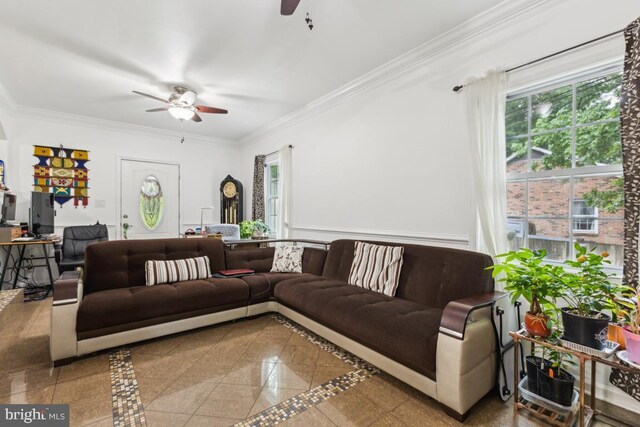 11617 Smithfield Rd, Manassas, VA 20112 - living area featuring ceiling fan, crown molding, and granite floors