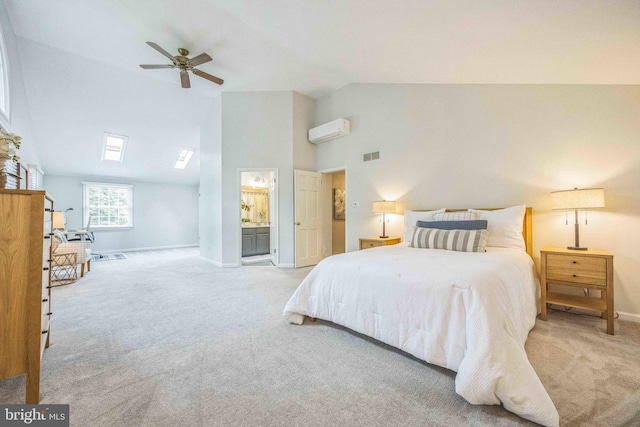 727 Hemlock Rd, Media, PA 19063 - bedroom with a wall mounted AC, carpet, baseboards, high vaulted ceiling, and connected bathroom