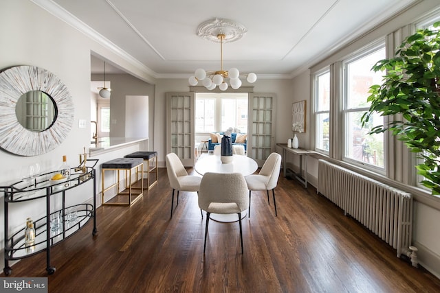 110 Varnum St NW, Washington, DC 20011 - dining area with radiator heating unit, dark wood finished floors, a chandelier, and crown molding