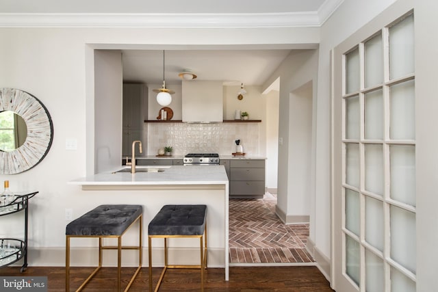 110 Varnum St NW, Washington, DC 20011 - kitchen featuring stainless steel stove, a sink, backsplash, gray cabinetry, and baseboards