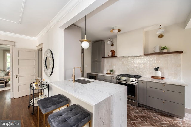110 Varnum St NW, Washington, DC 20011 - kitchen featuring open shelves, stainless steel gas stove, gray cabinets, a sink, and backsplash