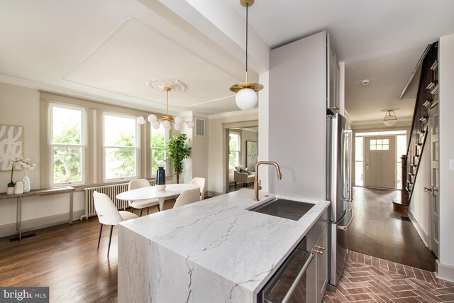 110 Varnum St NW, Washington, DC 20011 - kitchen featuring radiator heating unit, a sink, stainless steel appliances, plenty of natural light, and crown molding