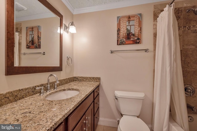 6402 Devonshire Ln, Frederick, MD 21703 - bathroom with vanity, toilet, a textured ceiling, shower / tub combo, and crown molding
