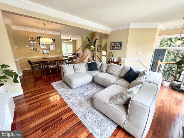 1310 Sundial Dr, Reston, VA 20194 - living area featuring stairway, wood-type flooring, and crown molding