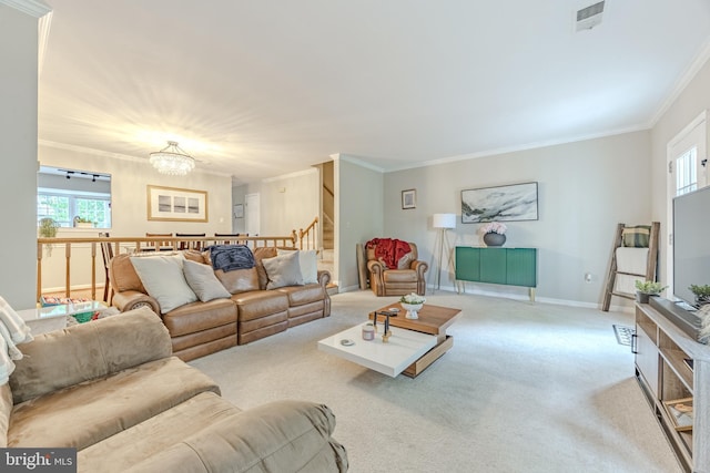 6150 Castletown Way, Alexandria, VA 22310 - living room featuring carpet floors, crown molding, stairs, and baseboards