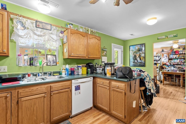 13 Tobacco Ter, Palmyra, VA 22963 - kitchen with white dishwasher, a peninsula, ceiling fan, a sink, and light wood-style floors
