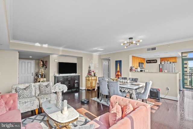 414 Water St Unit 1112, Baltimore, MD 21202 - living area with a chandelier, baseboards, wood finished floors, and crown molding