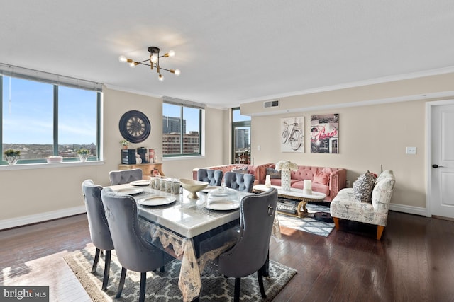 414 Water St Unit 1112, Baltimore, MD 21202 - dining room featuring a chandelier, baseboards, ornamental molding, and hardwood / wood-style flooring