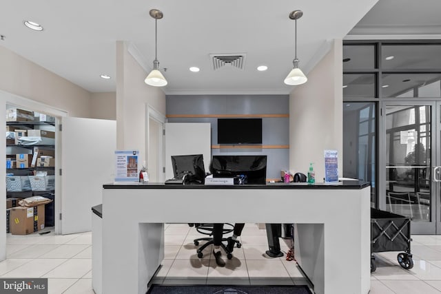 414 Water St Unit 1112, Baltimore, MD 21202 - kitchen with an office area, tile patterned flooring, recessed lighting, decorative light fixtures, and crown molding