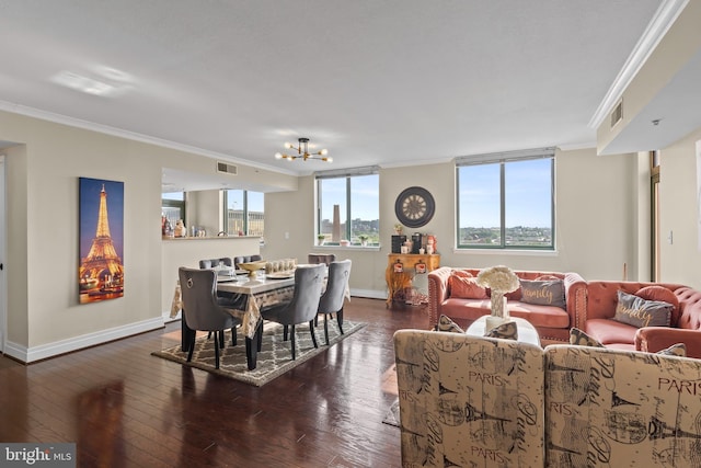 414 Water St Unit 1112, Baltimore, MD 21202 - dining area with ornamental molding, a chandelier, baseboards, and dark wood-style floors