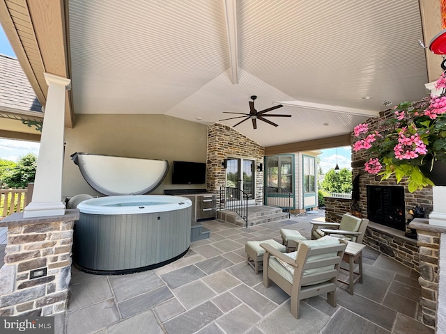13 N Clearview Dr, Palmyra, PA 17078 - view of patio with an outdoor stone fireplace and a ceiling fan