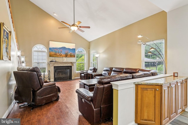 148 Ryans Run, Sicklerville, NJ 08081 - living room featuring high vaulted ceiling, a ceiling fan, wood finished floors, and a fireplace with flush hearth