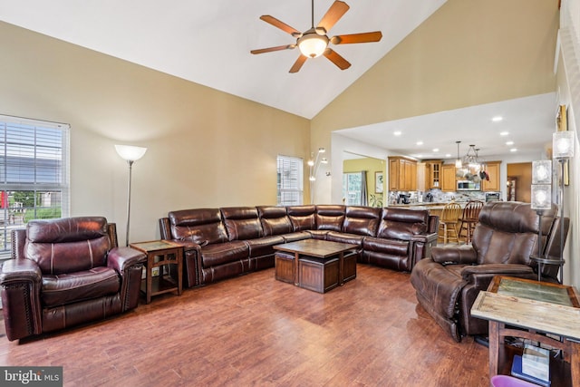 148 Ryans Run, Sicklerville, NJ 08081 - living room with a ceiling fan, high vaulted ceiling, wood finished floors, plenty of natural light, and recessed lighting