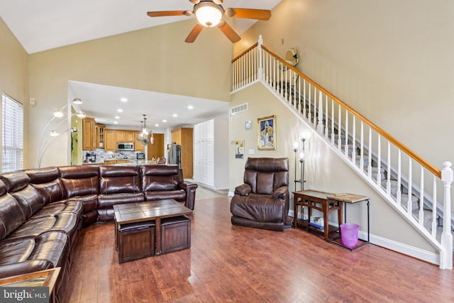 148 Ryans Run, Sicklerville, NJ 08081 - living room with wood finished floors, high vaulted ceiling, stairway, ceiling fan, and recessed lighting