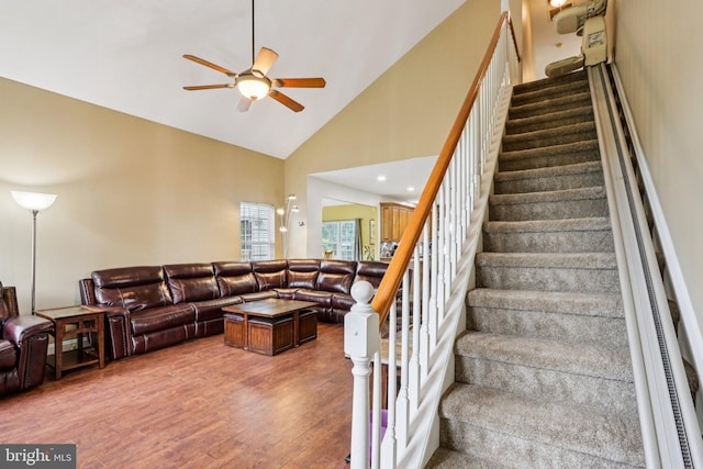 148 Ryans Run, Sicklerville, NJ 08081 - stairs featuring ceiling fan, wood finished floors, and high vaulted ceiling