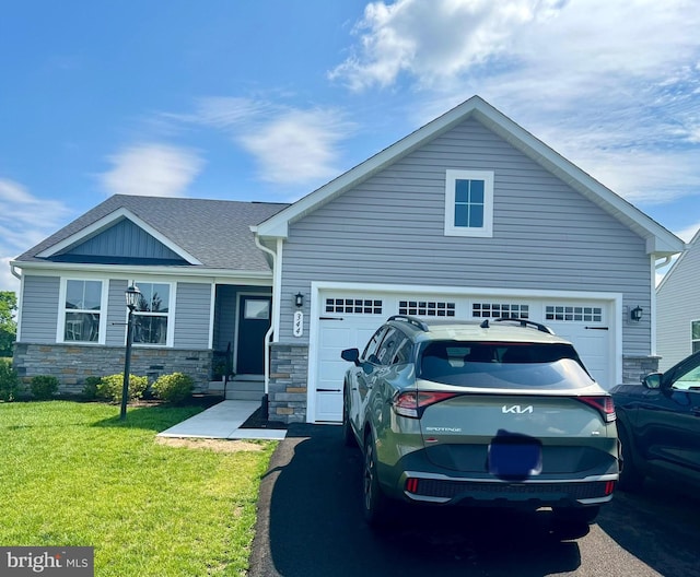 344 Makers Way, Martinsburg, WV 25405 - view of front of property featuring asphalt driveway, a front lawn, a garage, stone siding, and a shingled roof