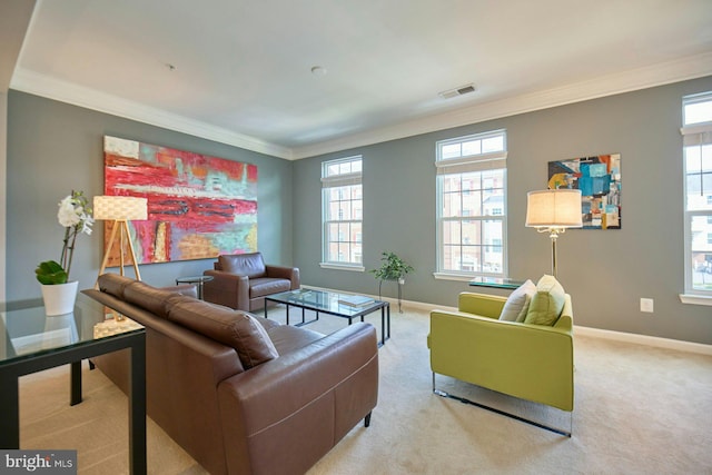 21623 Romans Dr, Ashburn, VA 20147 - carpeted living area with ornamental molding, baseboards, and plenty of natural light
