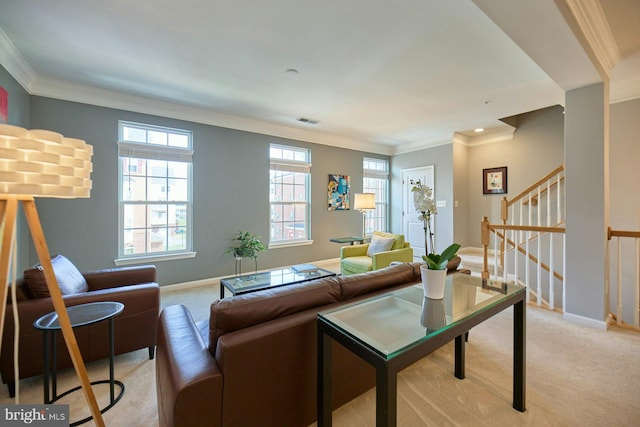 21623 Romans Dr, Ashburn, VA 20147 - living room with light colored carpet, crown molding, baseboards, stairway, and recessed lighting