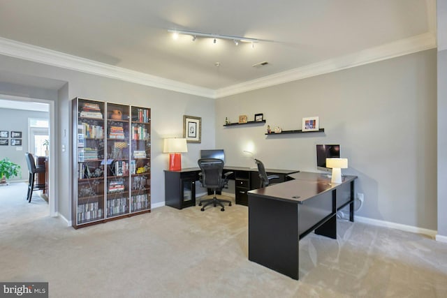 21623 Romans Dr, Ashburn, VA 20147 - carpeted office space featuring rail lighting, crown molding, and baseboards