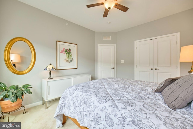 21623 Romans Dr, Ashburn, VA 20147 - bedroom with light carpet, a closet, baseboards, and ceiling fan