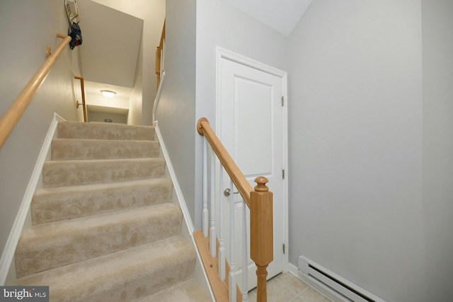 21623 Romans Dr, Ashburn, VA 20147 - stairs featuring a baseboard heating unit, baseboards, and vaulted ceiling