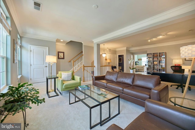 21623 Romans Dr, Ashburn, VA 20147 - living area featuring carpet flooring, stairs, and ornamental molding