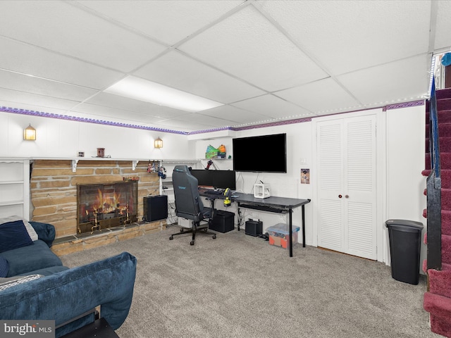 1016 Elm Rd, Halethorpe, MD 21227 - office area with a paneled ceiling, carpet, and a fireplace