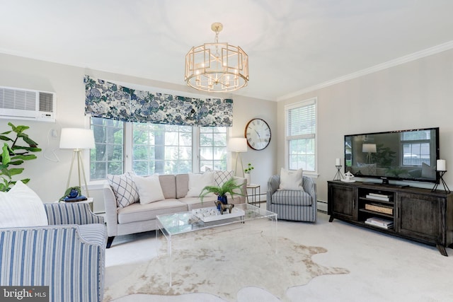 3703 Thornapple St, Chevy Chase, MD 20815 - carpeted living area featuring an AC wall unit, crown molding, a chandelier, and a baseboard heating unit