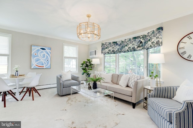 3703 Thornapple St, Chevy Chase, MD 20815 - carpeted living room featuring a chandelier, ornamental molding, a wall mounted air conditioner, and a baseboard heating unit