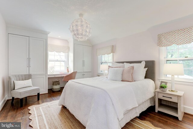 3703 Thornapple St, Chevy Chase, MD 20815 - bedroom with dark wood-style flooring, two closets, and baseboards