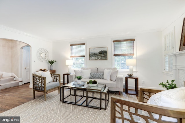 3703 Thornapple St, Chevy Chase, MD 20815 - living room featuring arched walkways, crown molding, wood finished floors, and baseboards