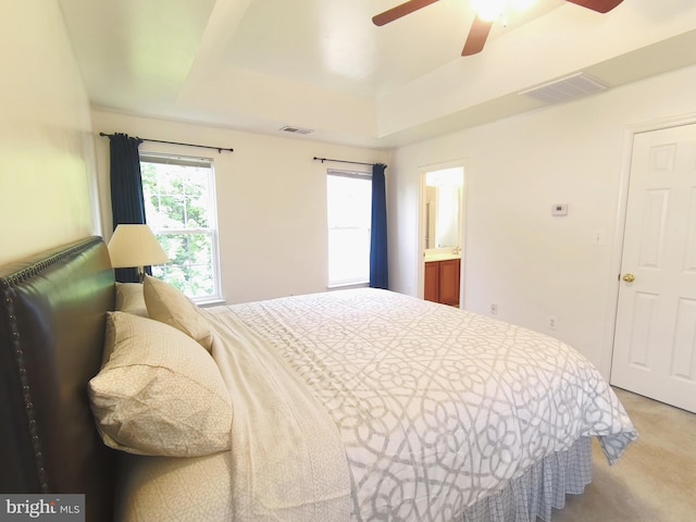 35547 Sarasota St, Round Hill, VA 20141 - bedroom with a tray ceiling, light carpet, and a ceiling fan