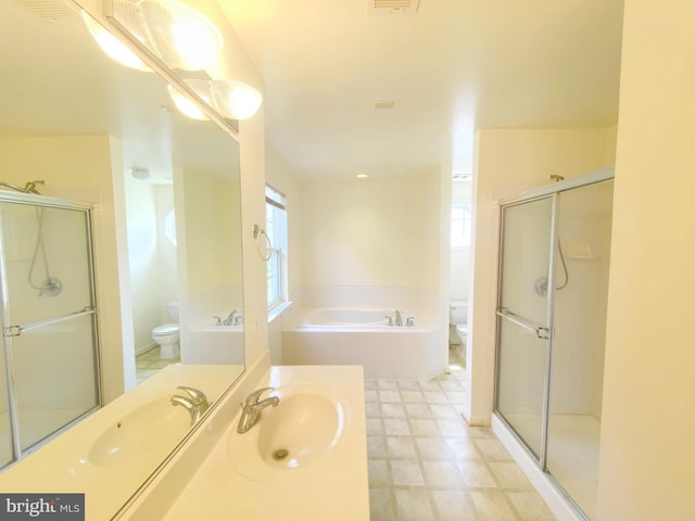 35547 Sarasota St, Round Hill, VA 20141 - bathroom featuring toilet, a shower stall, a bath, vanity, and tile patterned floors