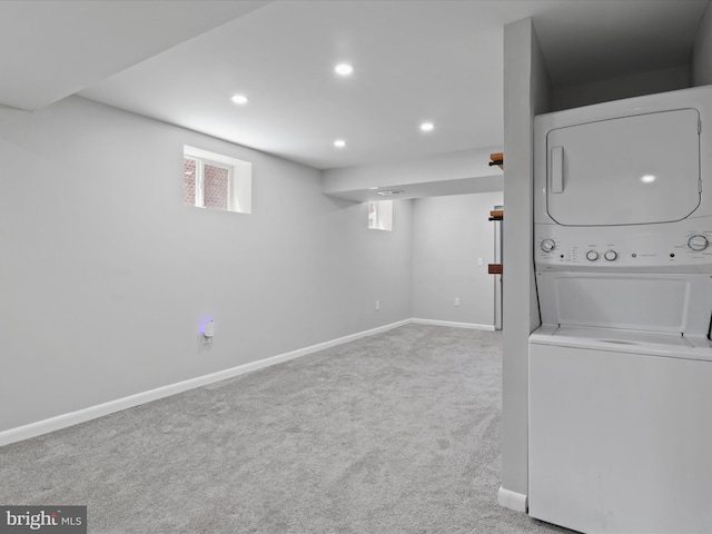 610 Galveston Pl SE, Washington, DC 20032 - laundry area featuring stacked washer / dryer, carpet floors, recessed lighting, and baseboards