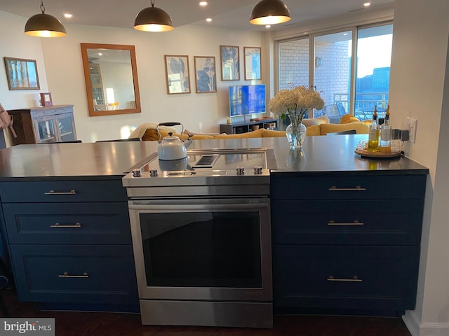 100 Harborview Unit 2307, Baltimore, MD 21230 - kitchen with stainless steel range with electric stovetop, open floor plan, recessed lighting, hanging light fixtures, and dark wood finished floors