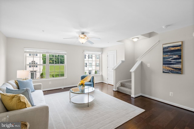 9950 Ravenhurst Rd, Middle River, MD 21220 - living room featuring wood finished floors, stairs, and ceiling fan