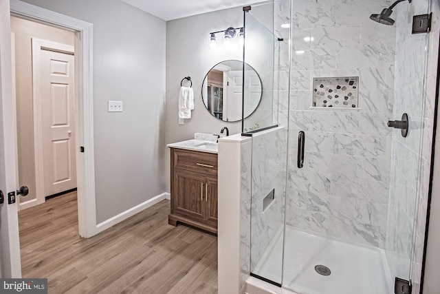 118 Bock Ave, Wenonah, NJ 08090 - bathroom featuring baseboards, a shower stall, vanity, and wood finished floors