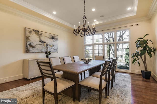 5420 Moorland Ln, Bethesda, MD 20814 - dining room with a chandelier, dark wood-style flooring, baseboards, crown molding, and recessed lighting