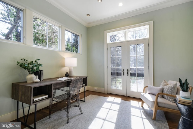 5420 Moorland Ln, Bethesda, MD 20814 - office with plenty of natural light, wood finished floors, french doors, crown molding, and recessed lighting