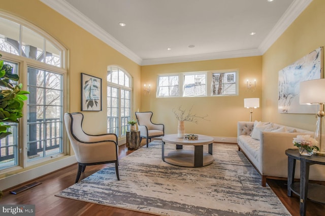 5420 Moorland Ln, Bethesda, MD 20814 - sitting room with wood finished floors, crown molding, baseboards, and recessed lighting