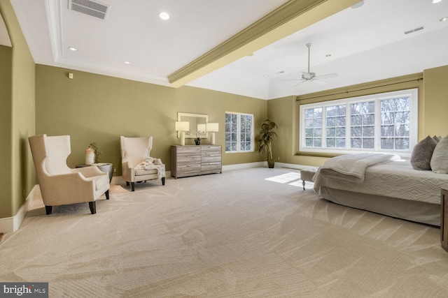 5420 Moorland Ln, Bethesda, MD 20814 - bedroom with baseboards, light carpet, ornamental molding, recessed lighting, and a ceiling fan