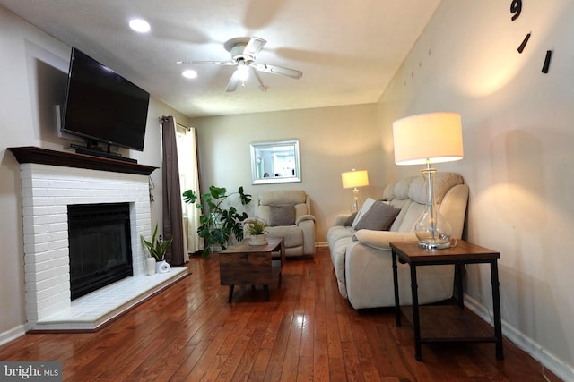 8307 Satinleaf Ct, Bowie, MD 20715 - living room featuring hardwood / wood-style flooring, a fireplace, a ceiling fan, and recessed lighting