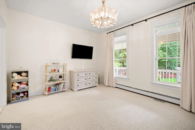 14 Waterfront Way, Hammonton, NJ 08037 - bedroom featuring a baseboard heating unit, a chandelier, carpet flooring, and baseboards