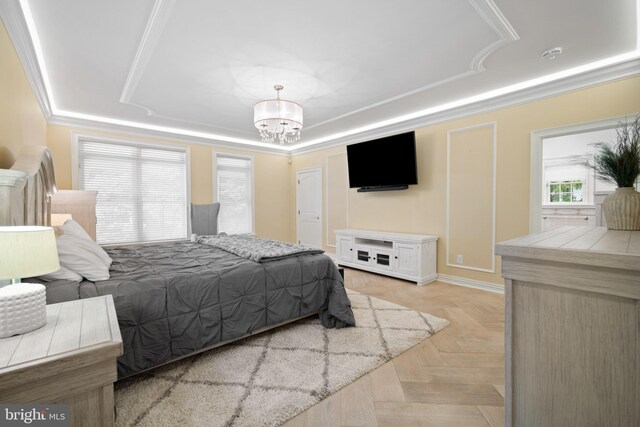 14 Waterfront Way, Hammonton, NJ 08037 - bedroom with a raised ceiling, crown molding, and a chandelier