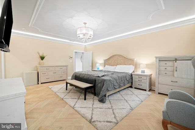 14 Waterfront Way, Hammonton, NJ 08037 - bedroom with a raised ceiling, a chandelier, and ornamental molding